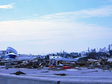 A long line of boats washed up onto I45 during Hurricane Ike.