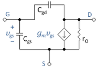 Simplified, three-terminal MOSFET hybrid-pi model.