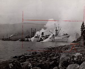 Firefighters beached the Greenhill Park on Vancouver's Siwash Point, in 1945.jpg