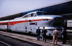 © Photo: Homer G. Benton General Motors' Aerotrain Unit No. 1001 arrives at the Los Angeles Union Passenger Terminal in March 1956 in order to commence trial runs between L.A. and San Diego on the Santa Fe Railway's "Surf Line" route.