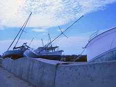 Boats near the Galveston Causeway on I45 after Hurricane Ike.